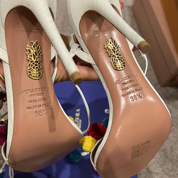 BNIB Aquazzura Pom Pom sandals multicolour white leather strap heels sandals - Picture 5 of 7